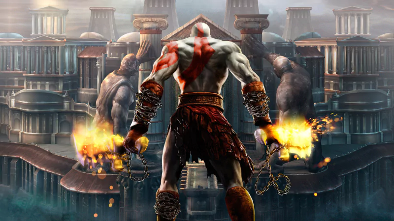 A powerful character from the video game God of War stands defiantly with fiery weapons, facing an imposing architectural backdrop, embodying strength and determination.
