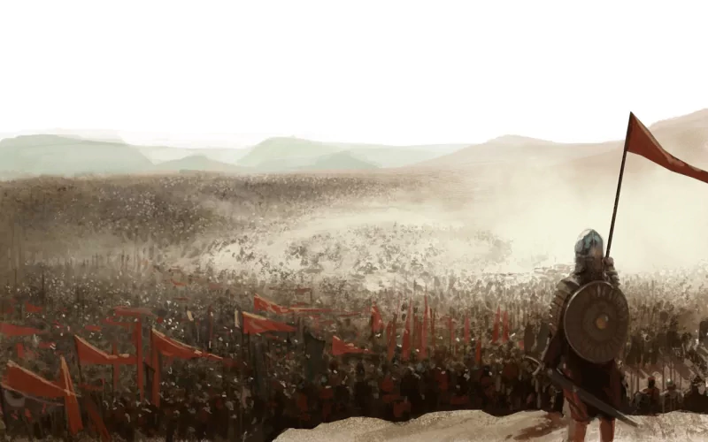A medieval soldier stands on a hill, holding a red flag, overlooking a vast army in the dust and chaos of battle, evoking themes from *The Wheel of Time*.