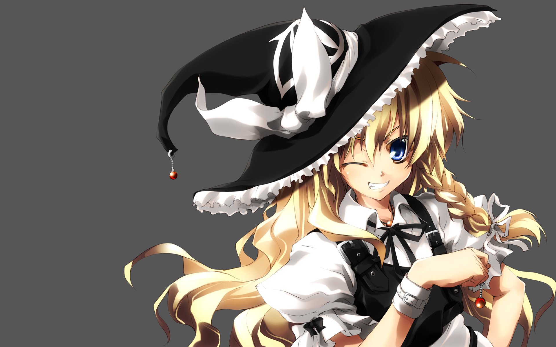 Marisa Kirisame from Touhou winking, long blonde braided hair and flowing locks, wearing a large black witch hat and frilly black-and-white outfit against a gray background.