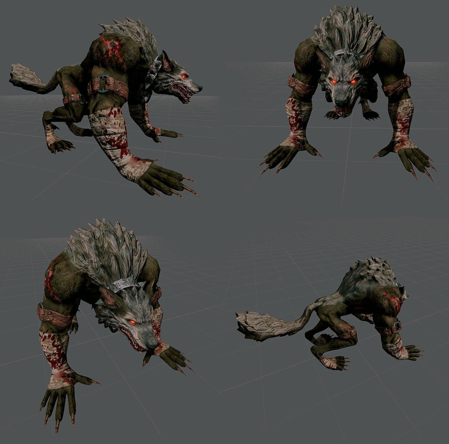 Dark creature: snarling, wolf-like beast with spiky fur, bloodied limbs and glowing eyes, shown from four crouching angles.