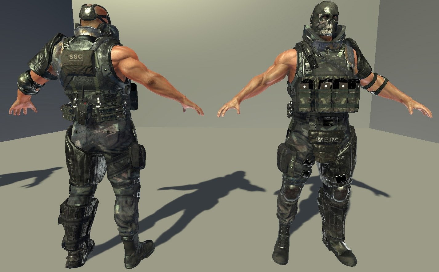 3D render of a fully equipped military soldier in tactical gear viewed from front and back against a plain background.