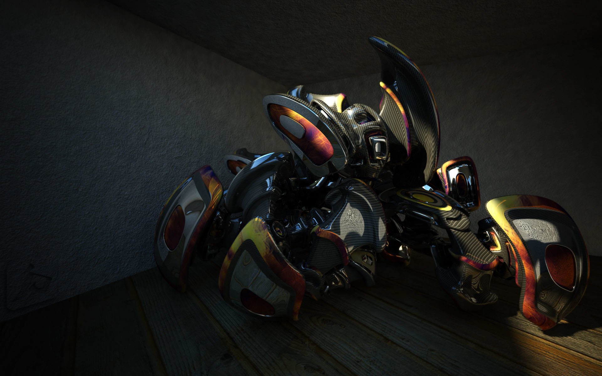 An abstract artistic depiction of a Fiat in dark tones, showcasing a blend of sleek curves and vibrant highlights against a shadowy background.