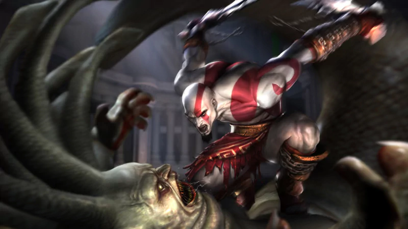 A powerful scene from God of War III, featuring Kratos in an intense battle against a monstrous creature, showcasing dynamic action and striking visuals.