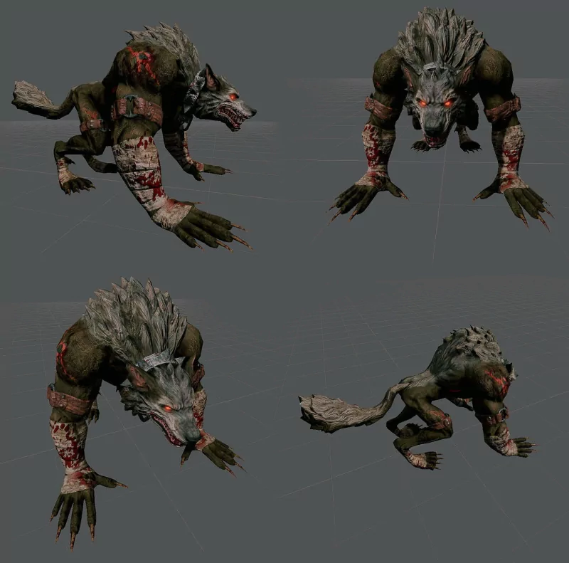 Dark creature: snarling, wolf-like beast with spiky fur, bloodied limbs and glowing eyes, shown from four crouching angles.