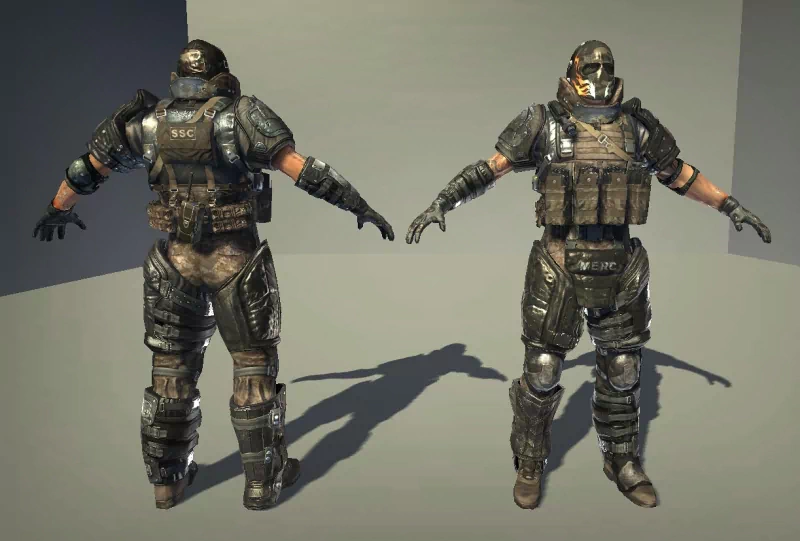 Two futuristic military soldiers stand side by side, wearing advanced armored combat suits and helmets, with tactical gear and gloves displayed from front and back views.