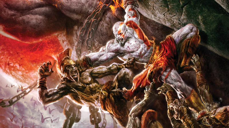 God of War video game scene: Kratos, tattooed and wielding flaming blades, grapples a chained giant amid erupting fire and shattered stone.