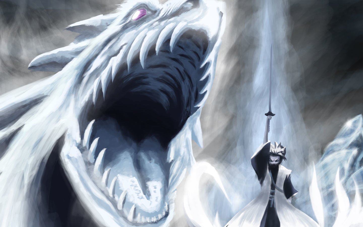 Anime-style Bleach scene showing a fierce white dragon with glowing purple eyes and a character in a black-and-white outfit wielding a sword amid swirling mist.