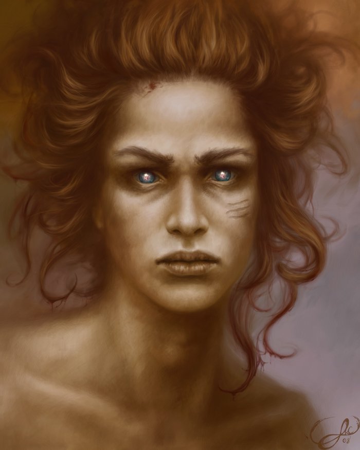 Portrait of a woman with intense eyes, wild hair, and a serious expression, rendered in warm, earthy tones.