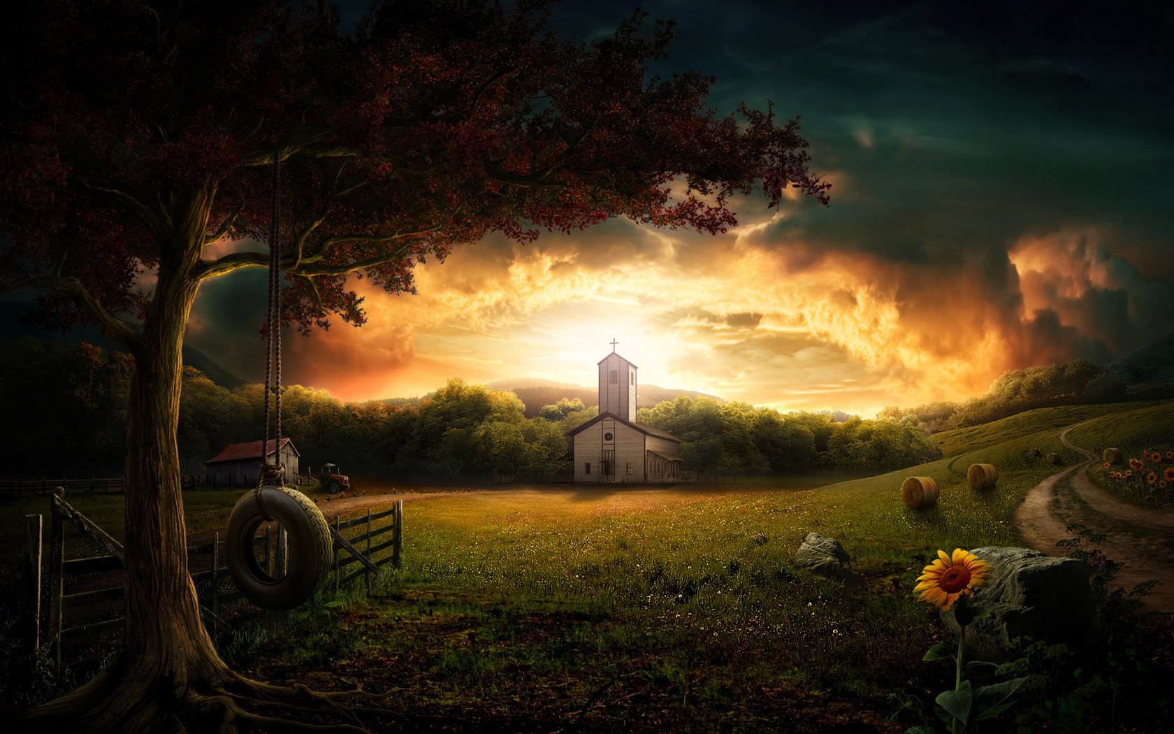 Artistic photography capturing a serene countryside scene at sunset, featuring a glowing church, a tire swing hanging from a tree, and a sunflower in the foreground.