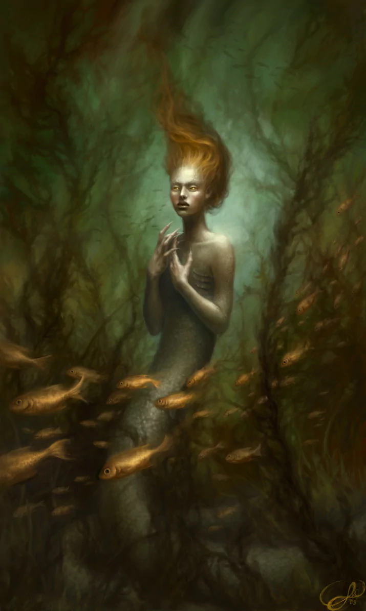 A fantasy underwater scene featuring a mermaid with flowing hair surrounded by a school of fish amidst murky aquatic vegetation.