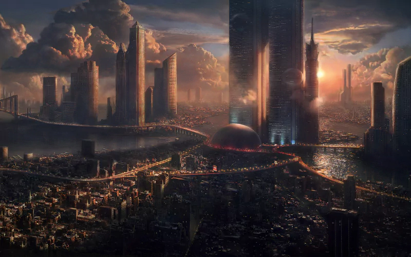 A stunning sci-fi cityscape at sunset, showcasing towering skyscrapers, intricate bridges, and a shimmering body of water, encapsulating a futuristic urban vision.