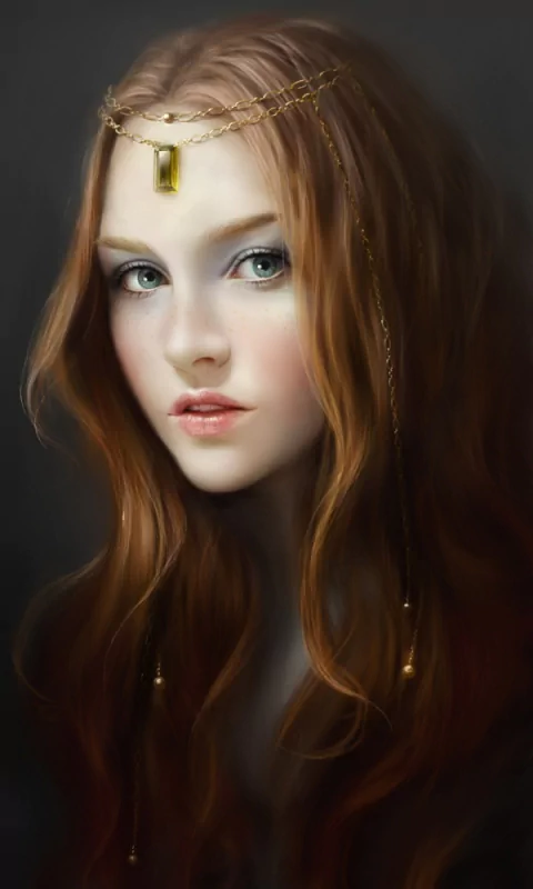 A close-up of a woman's face with long, flowing red hair, adorned with a delicate gold headpiece. Her striking eyes and soft features convey a sense of elegance and serenity.