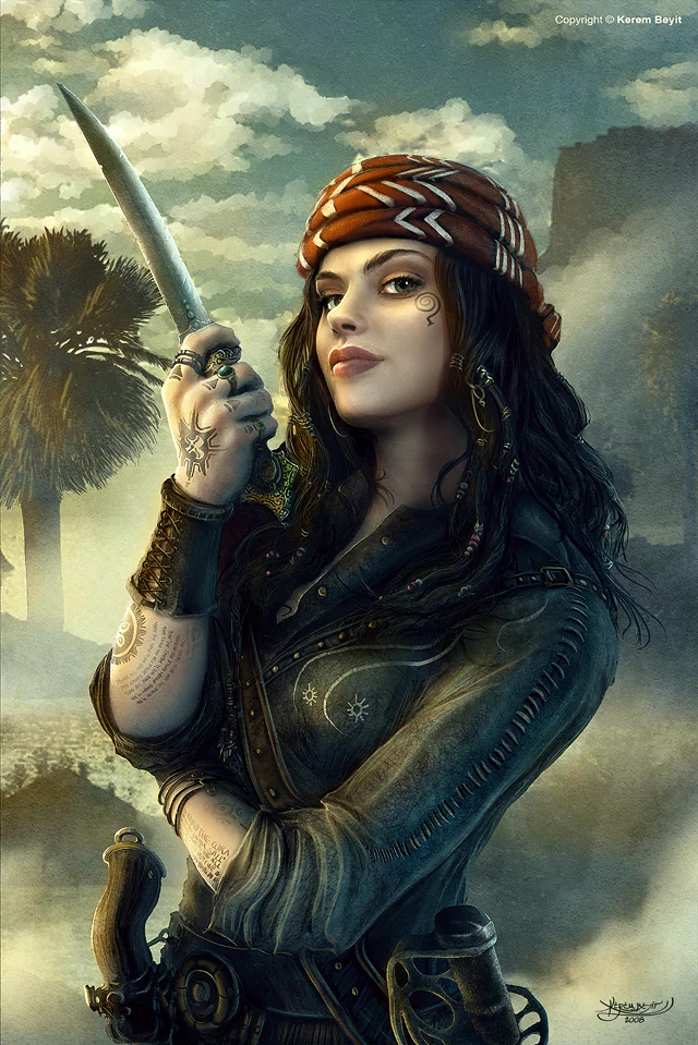 A fantasy-themed woman with dark hair, wearing a patterned headscarf and leather attire, holding a curved dagger against a moody, misty backdrop with palm trees.