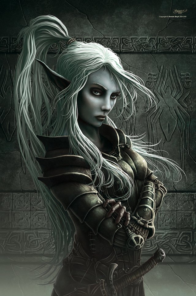 A striking fantasy scene featuring a woman warrior with pale skin and long silver hair, wearing dark armor and standing confidently against an ancient stone backdrop.