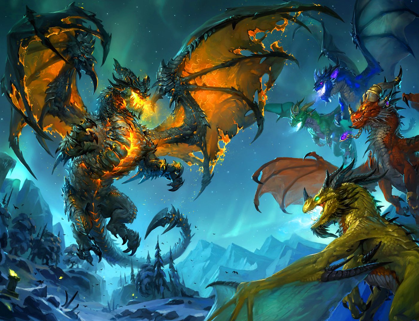 A dramatic fantasy scene featuring fierce dragons with vivid colors soaring through a mystical landscape, capturing the essence of a vampire-themed epic.