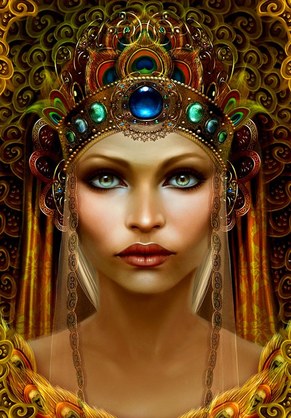A regal, ethereal figure adorned with a jeweled crown and intricate patterns, embodying the essence of fantasy and gods, with striking features and captivating eyes.