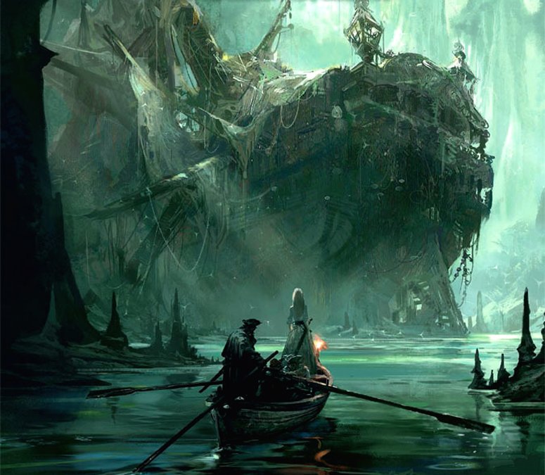 A fantasy scene featuring a pirate in a small rowboat, approaching a massive, dilapidated ship looming in a misty, otherworldly landscape.