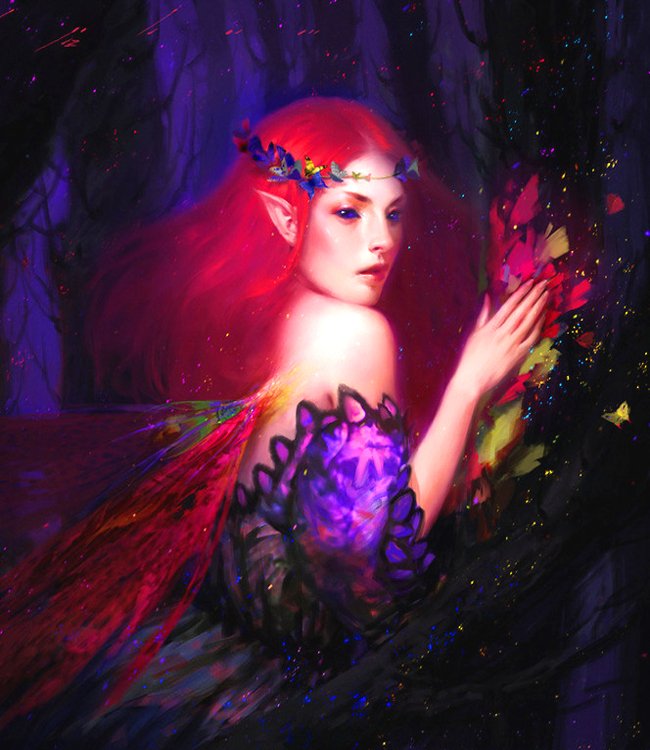 A mystical fairy with vibrant red hair and a floral crown gazes intently, surrounded by a dark, enchanted forest, embodying the essence of fantasy and wonder.