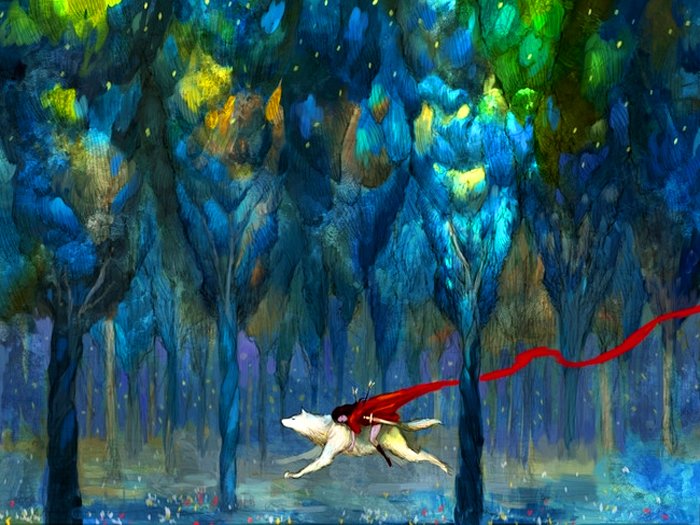 A white dog with a red scarf runs through a vibrant, colorful forest illuminated by stars, evoking a sense of fantasy and adventure in this enchanting story.