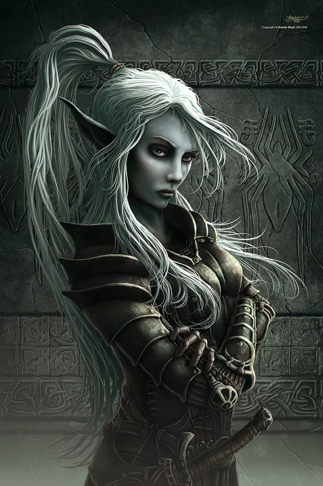 A striking fantasy scene featuring a woman warrior with pale skin and long silver hair, wearing dark armor and standing confidently against an ancient stone backdrop.