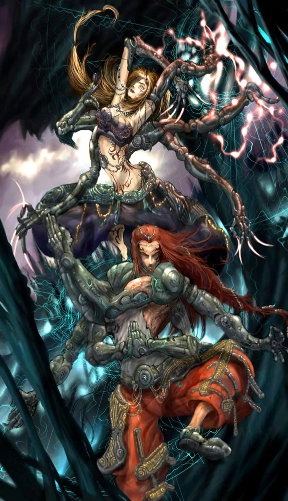 A striking dark fantasy scene featuring a powerful woman with mechanical limbs and a strong man, both entwined in an electric atmosphere, showcasing dynamic energy and tension.