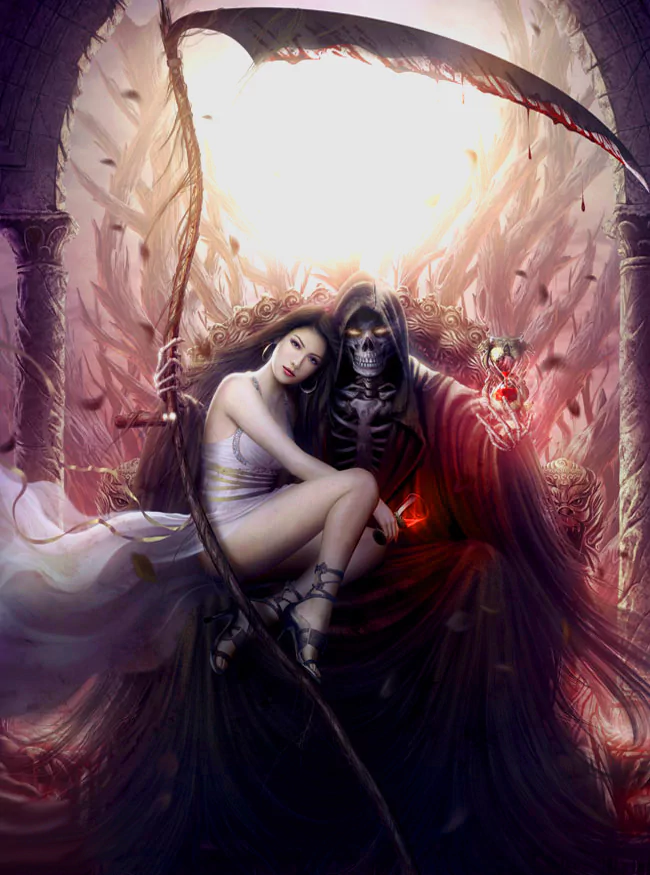 A dark fantasy scene depicting a skeletal figure with a scythe sitting on a throne, embracing a woman in a flowing dress amid swirling shadows and eerie light.