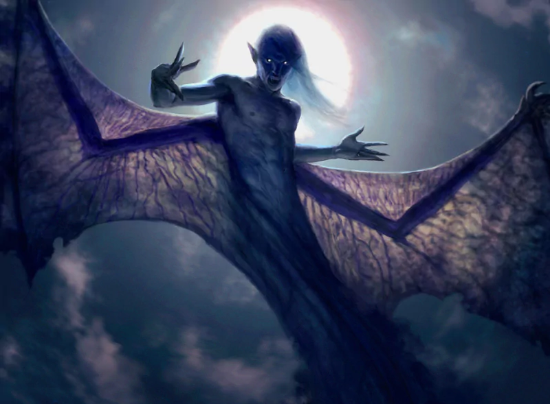 A shadowy vampire with large, bat-like wings emerges against a glowing moon, embodying the essence of dark fantasy and supernatural allure.