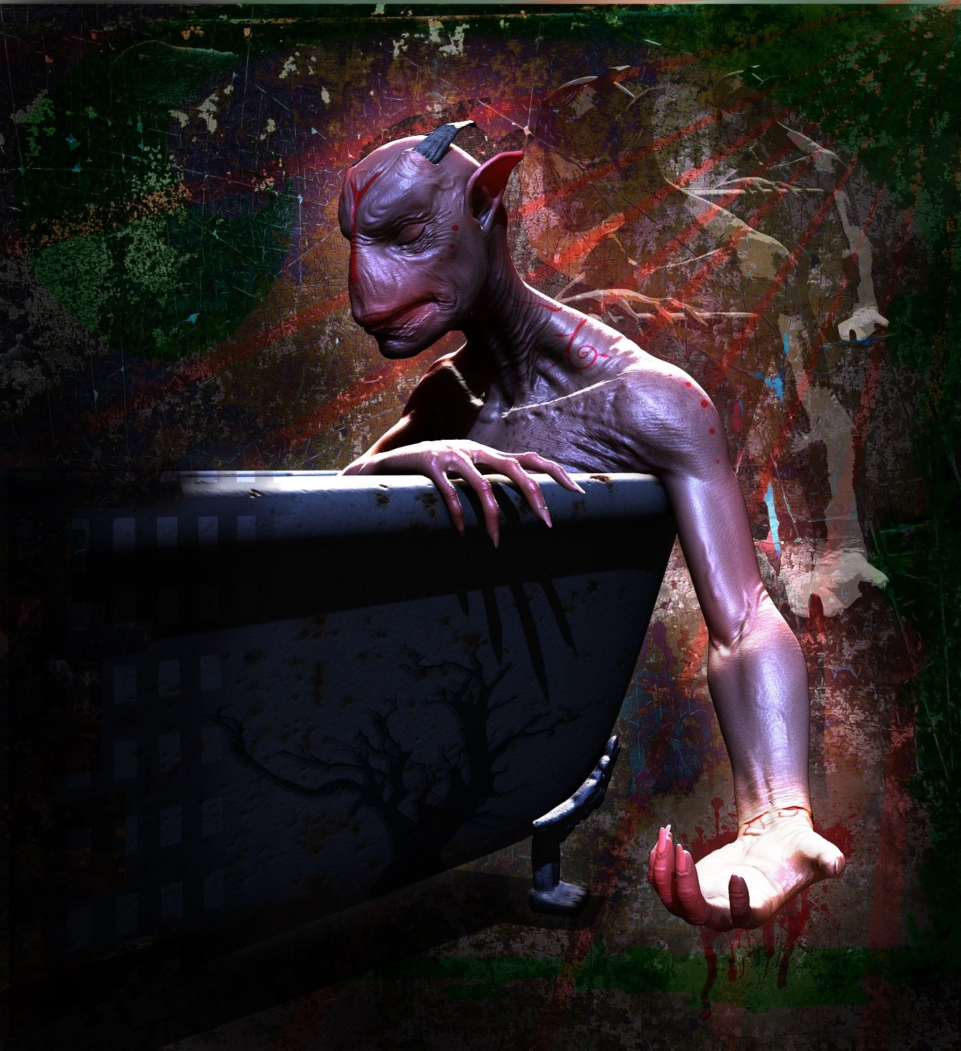 Dark demon with horned purple skin climbs from a blood-streaked bathtub, its long clawed hand dripping red against a grim, textured backdrop.