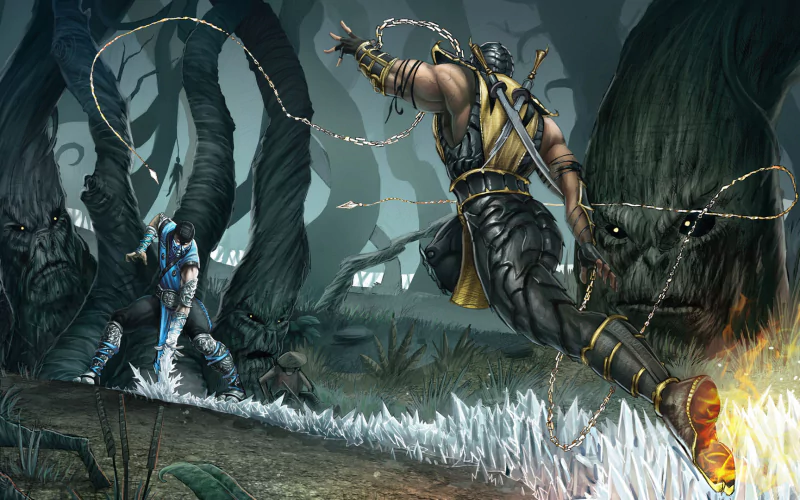 Sub-Zero and Scorpion face off in a dramatic fight scene from Mortal Kombat, set in a dark, eerie forest, highlighting their intense rivalry in the iconic video game series.