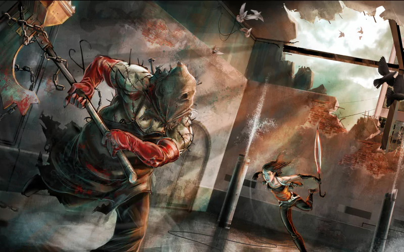 A tense action scene from the Resident Evil video game, featuring a masked antagonist wielding a hook and a character leaping dynamically in a dilapidated, apocalyptic setting.