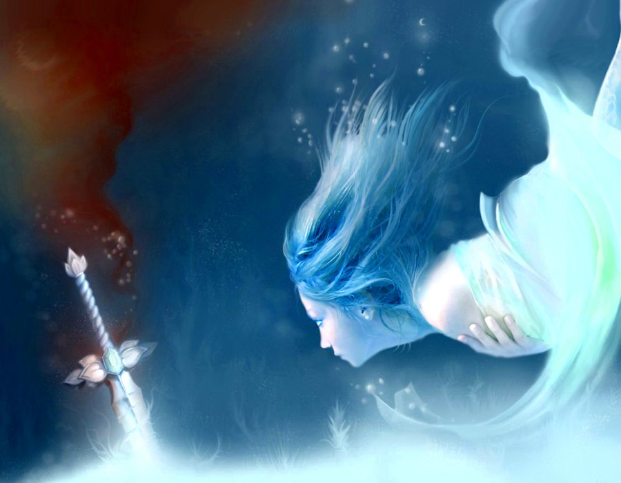 A mystical scene featuring a flowing-haired figure diving toward a glowing sword, embodying elements of fantasy and legend beneath a tranquil, shimmering atmosphere.