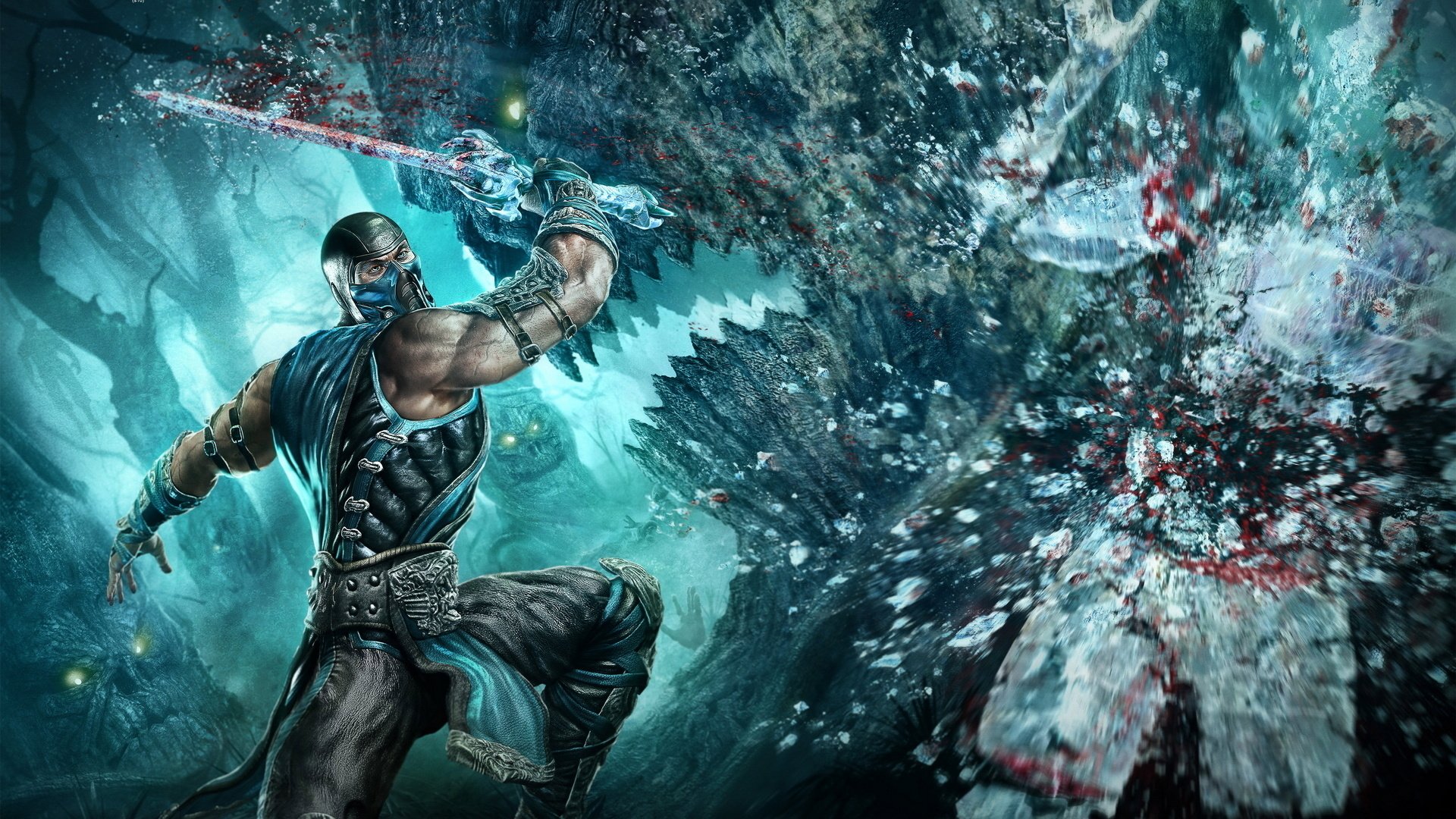 A character from the video game Mortal Kombat wields a sword, striking with intensity against a dramatic, icy background, showcasing an action-packed moment from the game.