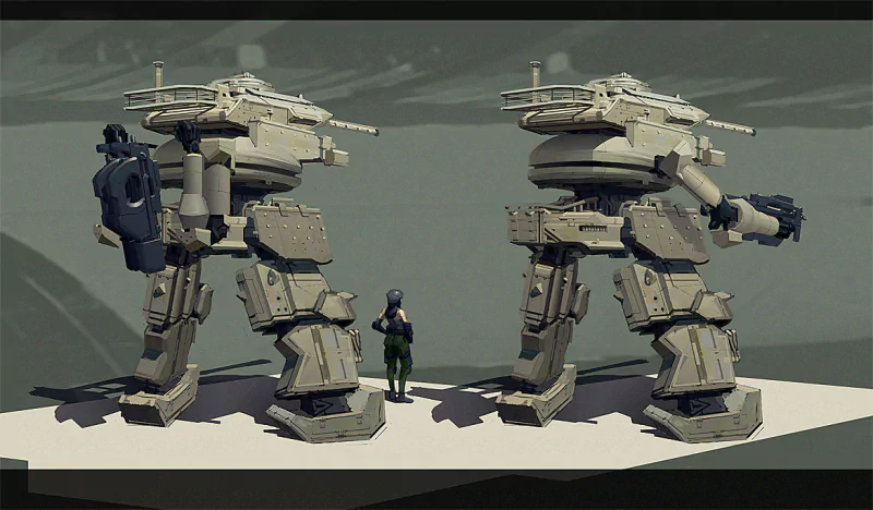 Sci-fi scene: two towering bipedal mechs flank a lone technician, heavy armored legs and turreted weaponry, muted green-gray palette and stark lighting.