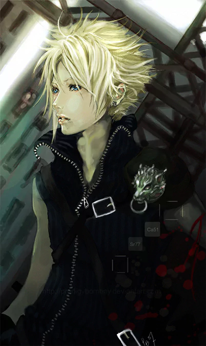 Cloud Strife, from the video game Final Fantasy VII: stylized portrait with blond spiky hair, sleeveless dark outfit, buckles and a wolf-shaped pauldron, gazing off to the side.