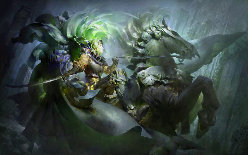 A formidable woman clad in armor rides a majestic horse, surrounded by an ethereal glow in a fantasy realm, showcasing a blend of courage and mystique.