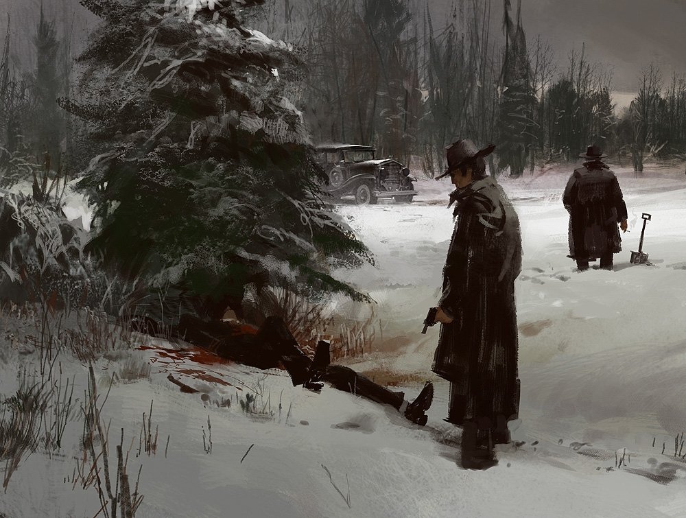 Dark, snowy roadside where a trenchcoat detective stands over a bloodstained pine and a lifeless body, a shovel and car nearby — a scene of death and investigation.