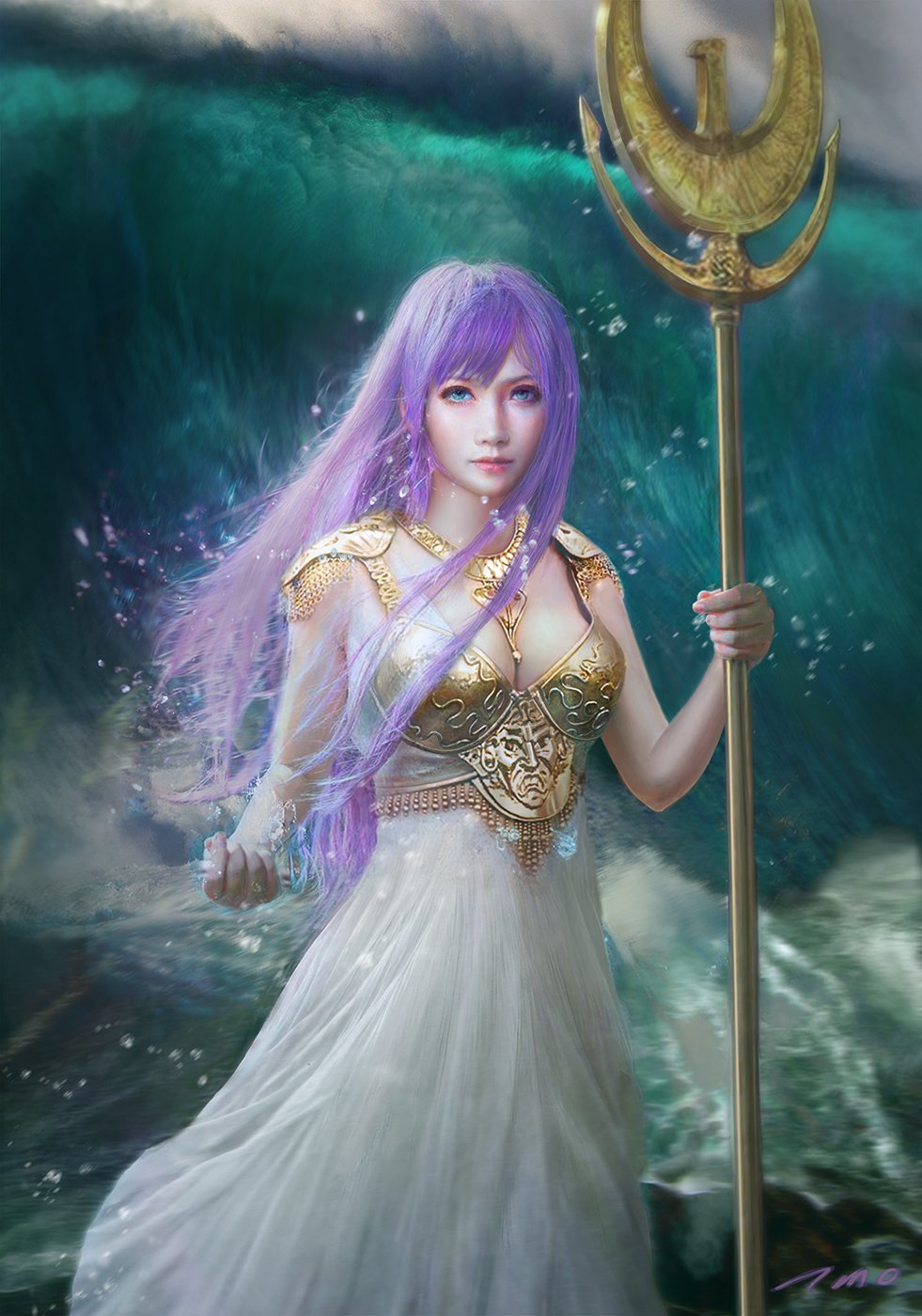 A fantasy goddess stands confidently in flowing robes, adorned in golden armor, holding a trident. Her vibrant purple hair flows around her as waves crash in the background.