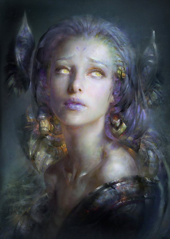 A fantasy portrait of a woman with ethereal features, glowing eyes, and intricate adornments, set against a misty, dark background.