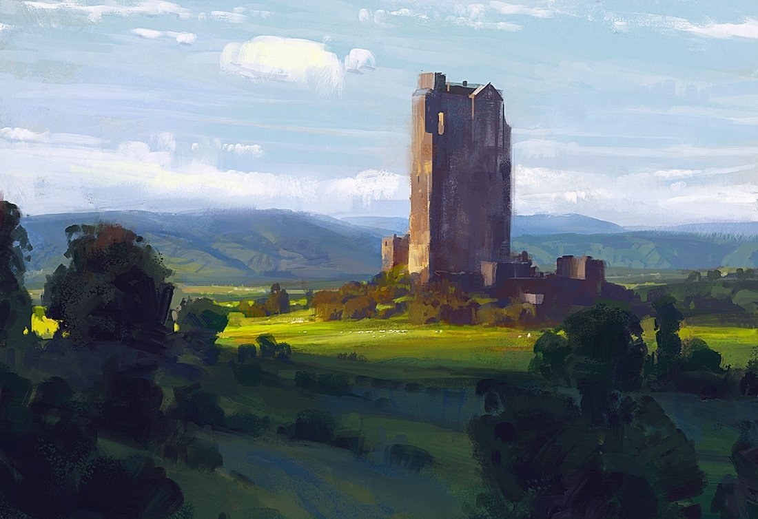Artistic landscape painting of a solitary sunlit stone tower amid rolling green fields, scattered trees and distant blue hills beneath a pale sky.