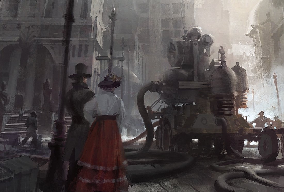 Sci Fi steampunk street scene: Victorian couple observes a hulking steam-powered machine with hoses, gears and smokestacks amid foggy, industrial city architecture.