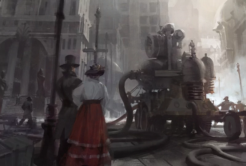 Sci Fi steampunk street scene: Victorian couple observes a hulking steam-powered machine with hoses, gears and smokestacks amid foggy, industrial city architecture.