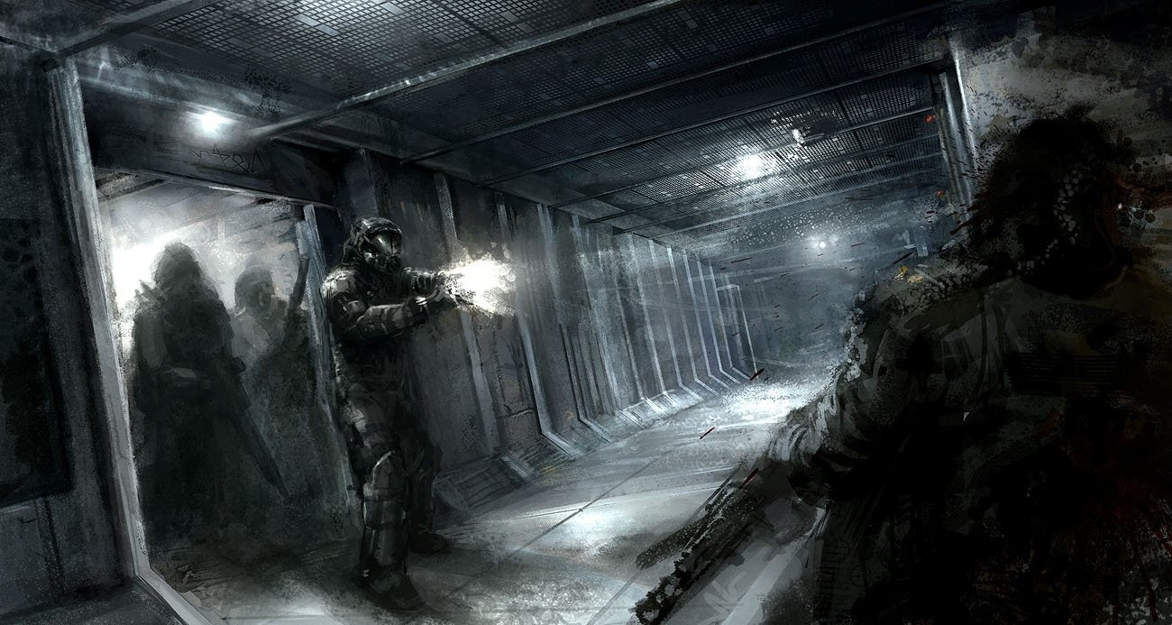 Armed soldiers in tactical gear exchange gunfire down a dim metal corridor during an intense military battle.