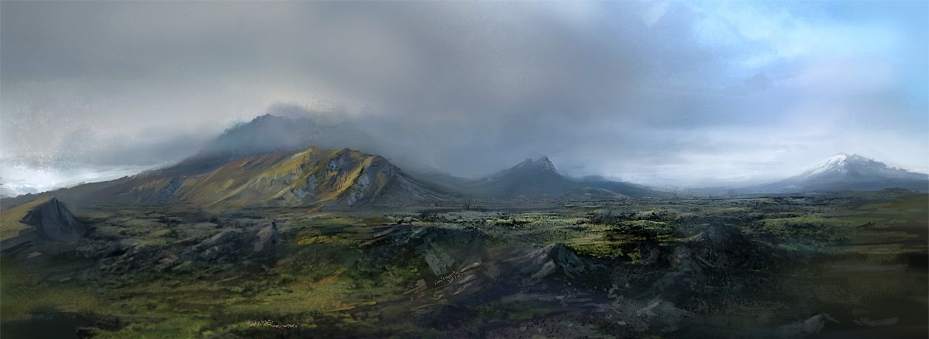 Panoramic nature landscape of misty volcanic mountains and rolling mossy plains under heavy cloud cover.