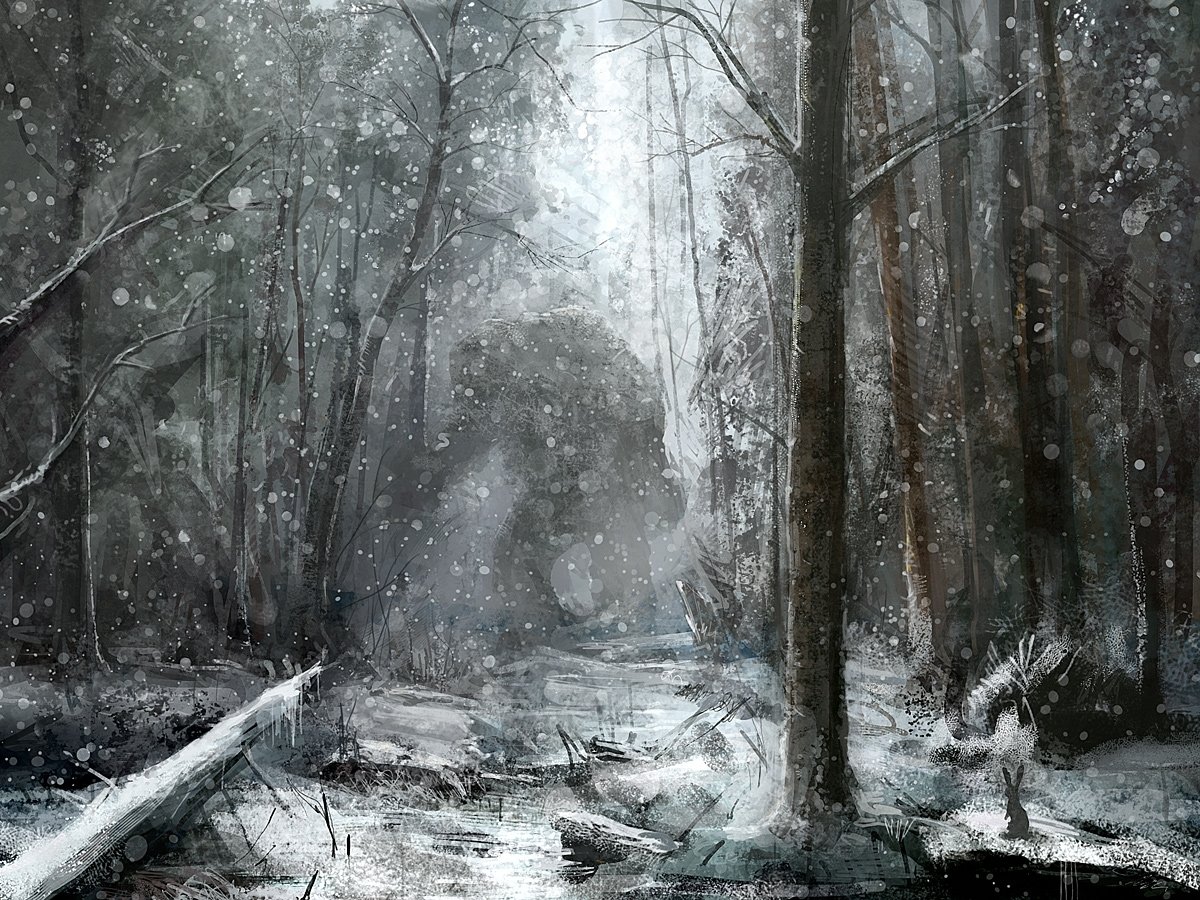 Snowy, dim forest with swirling flurries; a shadowy fantasy creature looms between bare trees, half-hidden in mist.