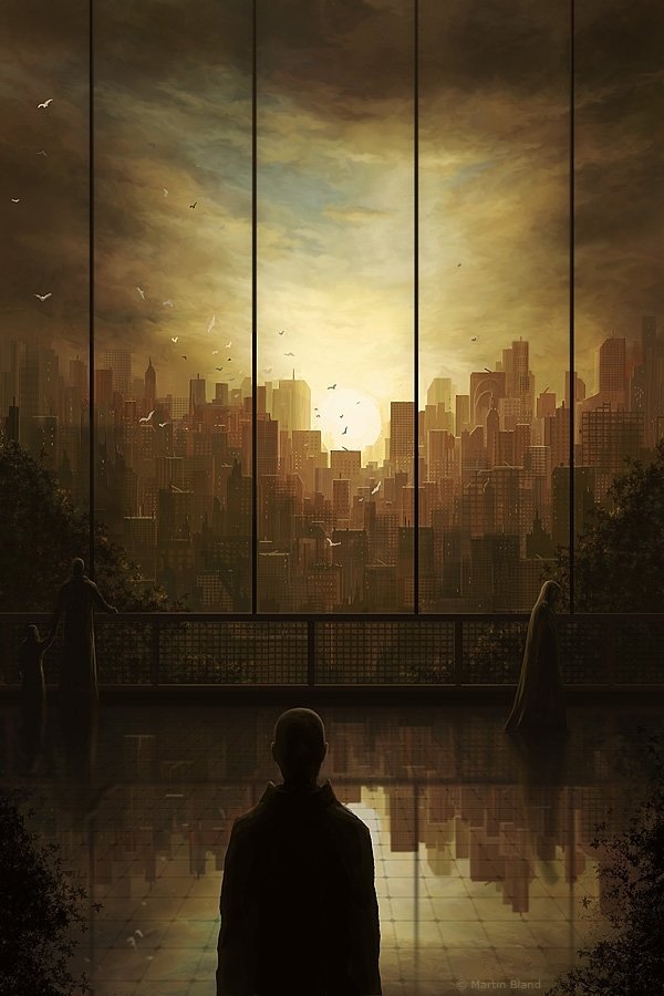 Silhouetted figures gaze out over a sprawling sci-fi cityscape bathed in golden sunset light, with towering futuristic buildings stretching across the horizon.