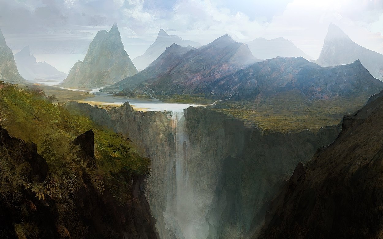 A fantasy landscape featuring towering jagged mountains, a serene river flowing across a plateau, and a misty waterfall cascading into a deep gorge below.