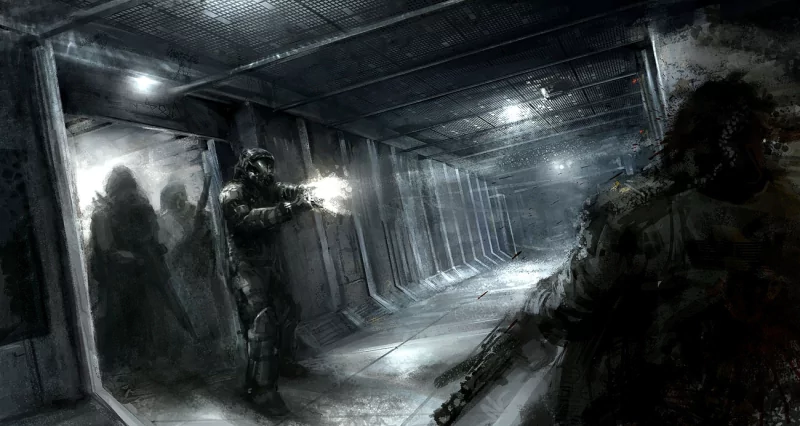 Armed soldiers in tactical gear exchange gunfire down a dim metal corridor during an intense military battle.