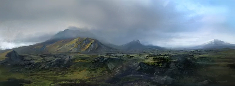 Panoramic nature landscape of misty volcanic mountains and rolling mossy plains under heavy cloud cover.