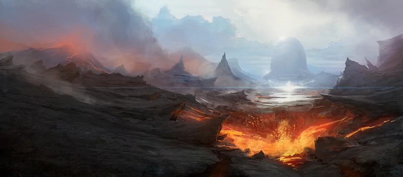A sci-fi landscape of a volcanic planet with glowing lava cracks, jagged rocky formations, and a misty sky illuminated by distant light.