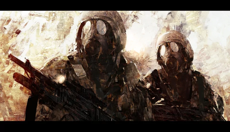 Two gas-masked warriors in military tactical gear clutch rifles, emerging from smoke in a gritty, battle-scarred environment.